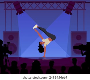 Vector illustration of a girl performing breakdancing in a handstand with her legs raised, under the spotlight and an audience watching the energetic action on stage