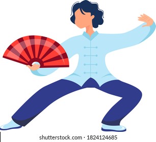 Vector illustration of a girl performs kung fu and tai chi exercises with a fan