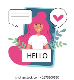 Vector illustration with a girl from the phone and dialogs clouds on a white background. Internet communication concept