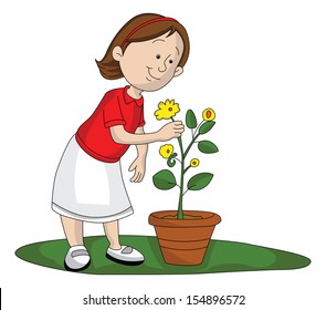 Vector illustration of girl picking up yellow flower from flower pot.