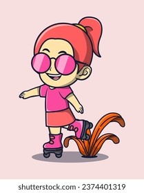 vector illustration of a girl in pink glasses playing roller skating. hobby icon concept