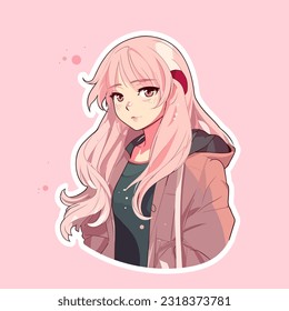 Vector illustration girl with pink hair japaneese anime style with big eyes Manga Anime cute girl Cartoon trendy sticker isolated