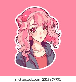 Vector illustration girl with pink hair japaneese anime style with big eyes Manga Anime cute girl Cartoon trendy sticker isolated