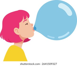 Vector illustration of a girl with pink hair blowing a large blue bubble gum bubble while wearing a yellow shirt, simple and playful design, cheerful mood.