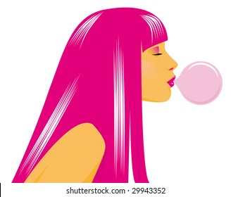 Vector illustration. Girl with pink hair inflating a bubble from a chewing gam.