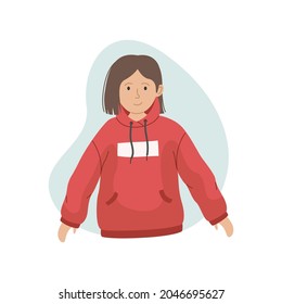 Vector illustration of a girl in a pink hoodie. Winter clothing.
