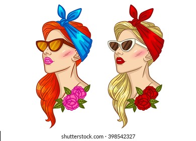 Vector illustration of a girl in pin-up style. Tattoo girl's face. Retro portrait of a girl.