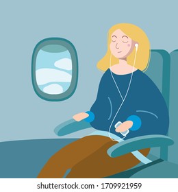 Vector illustration girl in plane listening to music