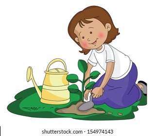 Vector Illustration Girl Planting Small Plant Stock Vector (Royalty ...