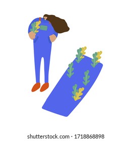 A vector illustration of a girl with plants near a garden bed. Flat design woman and garden. Woman with plant cartoon characters isolated. Demonstration of the garden, vegetable garden, planting