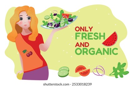 Vector illustration. A girl with a plate of salad. vegan food