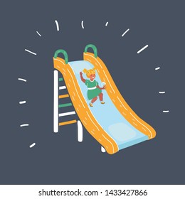 Vector illustration of Girl play a slider in Playground in her school, kid and fun concept on dark.