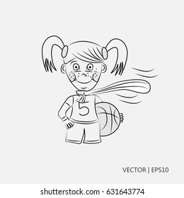 Vector illustration. Girl playing basketball. Girl in a scarf. Sport. Sketch. Drawing for children. Flat icon