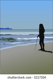 A vector illustration of a girl playing at the beach on a sunny day