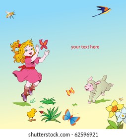 vector illustration, girl playing with butterfly, card concept.