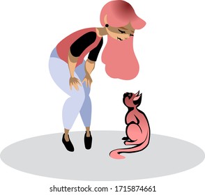 Vector illustration of a girl playing with cat. Pink hair young beautiful girl with a cute kitten.