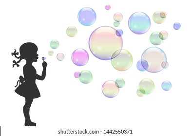 Vector illustration, girl playing with colorful soap bubbles.