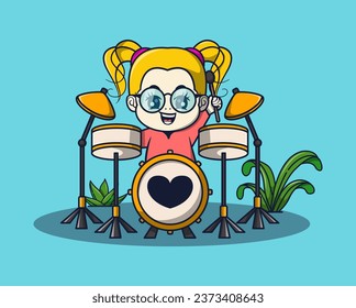 vector illustration of a girl playing a cute drum musical instrument. surrounding plants