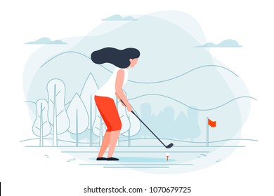 Vector illustration - girl playing golf. Park, forest, trees and hills on background. Banner, poster template with place for your text.