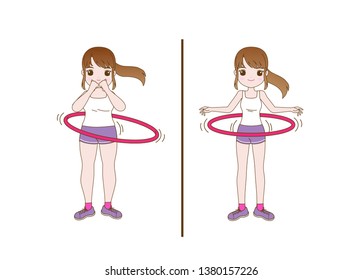 Vector illustration of a girl playing with a hula hoop before and after.