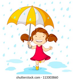 vector illustration of girl playing in rain with umbrella