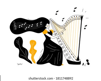 Vector illustration. The girl plays the harp. Musician.