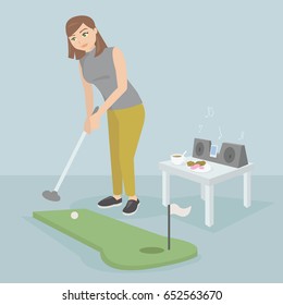 vector illustration. The girl plays a mini golf, next to the table on which there are tea, cookies and calendars from which music plays