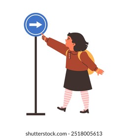Ilustração vetorial com uma menina apontando o dedo para um sinal de estrada na forma de um círculo azul com uma seta branca para a direita, um sinal de aviso de segurança de trânsito.
