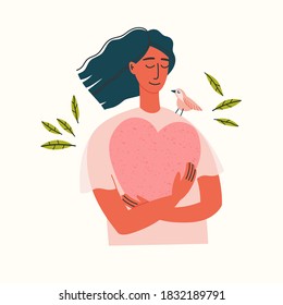 Vector illustration of a girl portrait. Girl in blue pants and beige blouse holding a heart. Hand-drawn illustration of mental health. Self-love. Peace of mind.