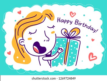 Vector illustration of girl portrait holding big present in gift box on white background in frame with text. Hand drawn flat line art style birthday design for web, site, banner, greeting card, poster