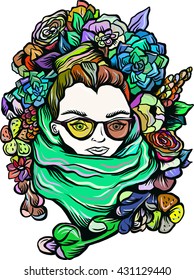 vector illustration girl portrait in sunglasses and blue scarf with flowers. colorful - blue, orange, green.