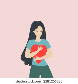Vector illustration of a girl portrait. Woman  holding a heart. Hand-drawn illustration of mental health. Self-love concept. Peace of mind.