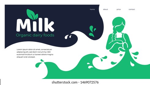 Vector illustration of girl is pouring milk from a jug,splash, drops and waves of milk. Template design with organic dairy products for farmers market,banner, landing page,website, blog, advertisement