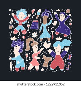 Vector illustration of girl power. Composition in doodle style with different female characters. 