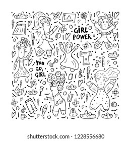 Vector illustration of girl power. Composition in doodle style with different female characters. Coloring page.