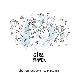Vector illustration of girl power. Composition in doodle style with different female characters and watercolor splash blot. 