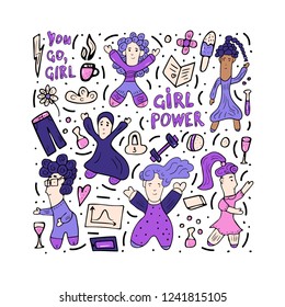 Vector illustration of girl power. Composition in doodle style with different female characters. 