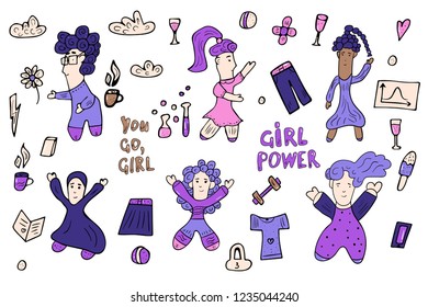 Vector illustration of girl power. Set in doodle style with different female characters. 