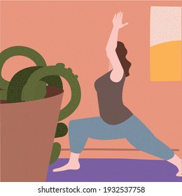 Vector illustration
the girl practices yoga against the background of an orange wall and window. A cactus grows in the foreground. A flat image with noises and patterns
