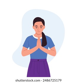 Vector illustration of a girl praying. Cartoon scene of a young girl with closed eyes, hands folded in prayer, wearing a t-shirt and pants isolated on a white background. Religion. Christianity.