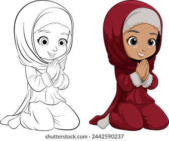 Ilustración vectorial de una niña rezando en dos estilos.