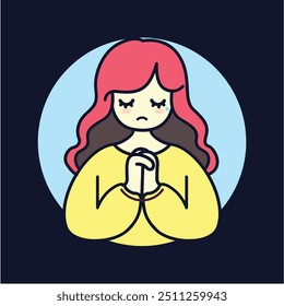 vector illustration A girl is praying in the way of Catholic Christian religion. long red hair. with a sad expression. Can be used for illustrations or logos