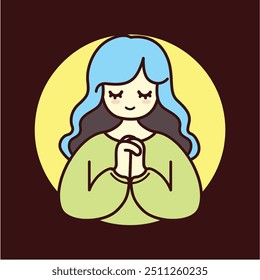 vector illustration A girl is praying in the way of Catholic Christian religion. long red hair. with happy grateful expression. Can be used for illustrations or logos