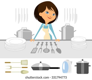 Vector illustration of a girl prepares a meal