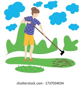 Vector illustration of a girl preparing for the garden season, vector flat set with people, girl outdoors with clouds and bushes.