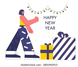 Vector illustration girl is preparing for the new year. Happy New Year trendy and minimalistic card or background. Modern Thin Contour Line Design Concept. 