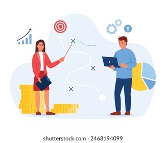 Vector illustration of a girl presenting development points on a map. Cartoon scene of a smart girl pointing a point on a map, a target, a man with a laptop, a pile of gold coins, a graph, a diagram.