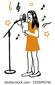 vector illustration girl in the process of recording. One continuous line drawing Professional voice recording voiceover, track recording .
