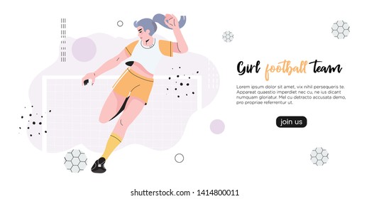 Vector illustration of a girl in a professional uniform playing football or soccer. Creative banner, poster, flyer or landing page for a women soccer, football club, game or friendly match. 