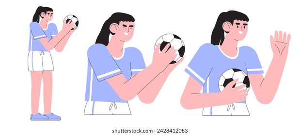 Vector illustration of girl in professional uniform playing football or soccer. Creative kid soccer, football club, game or friendly match illustration. Teenage or children soccer club or competition.